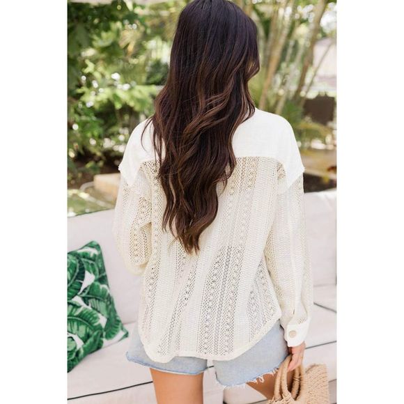 Azura Exchange  Beige Lace See-through Button Collared Shacket - Picture 13 of 15